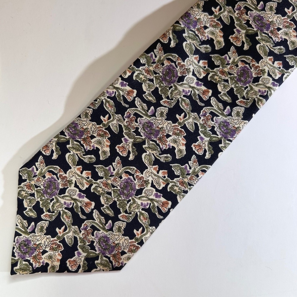 Vintage‎ Reed St James Mens Silk Tie Navy Blue Purple Floral Botanical USA